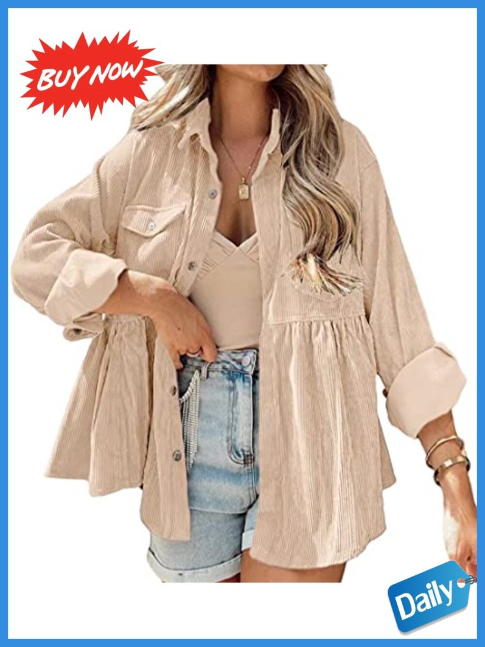 Womens Corduroy Peplum Button Down Blouse Long Sleeve Tunic Top with Pockets